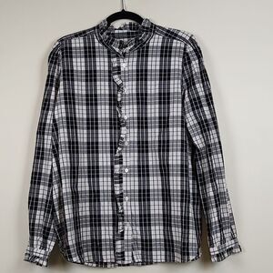 LOFT Long Sleeve Button Down Ruffled Blouse Black and White Plaid